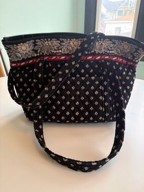 Vera Bradley Black Quilted Tote with Beige Floral Accents and Red Trim